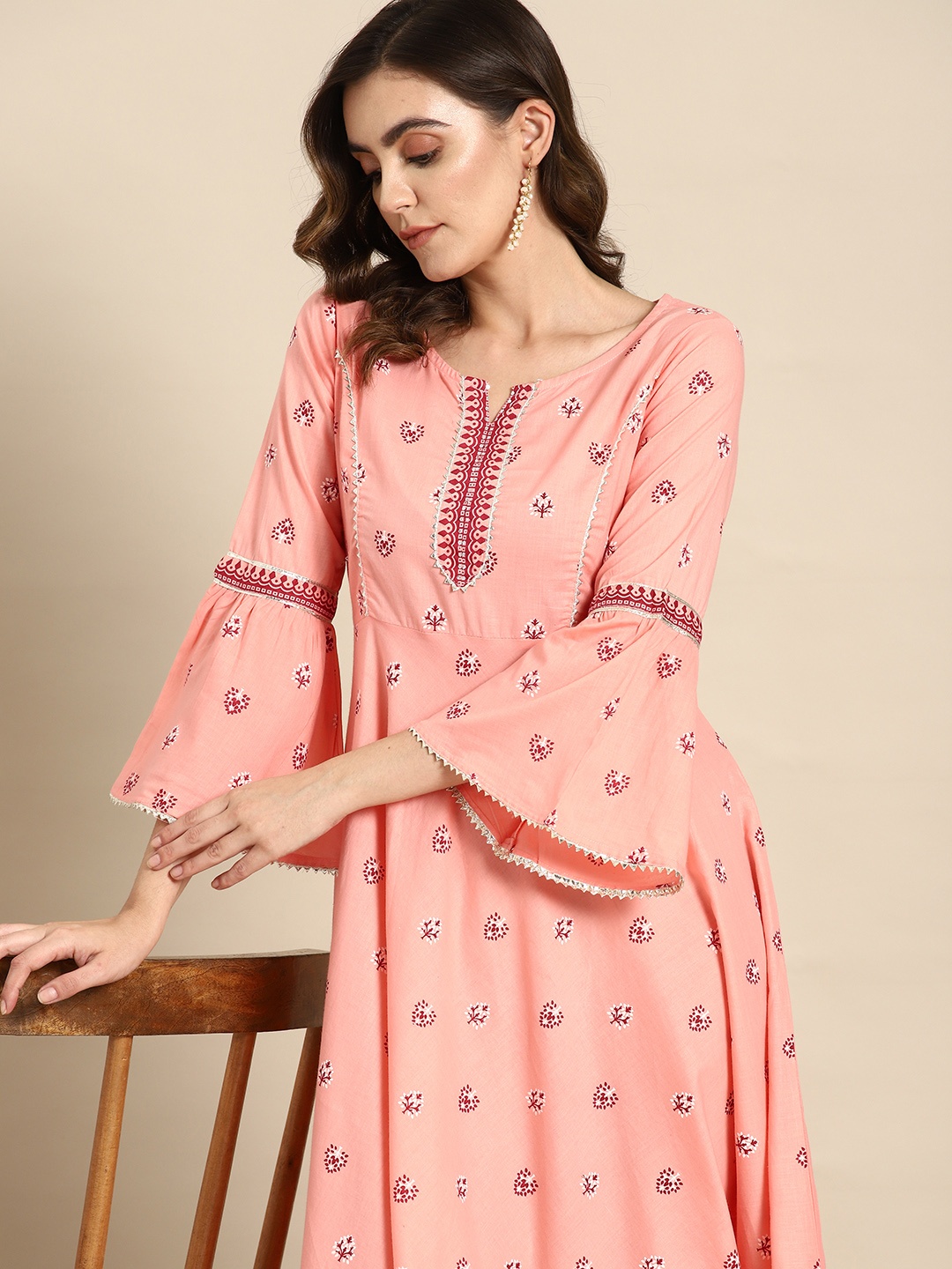 

all about you Floral Print Bell Sleeve Gotta Patti Cotton A-Line Midi Dress, Peach