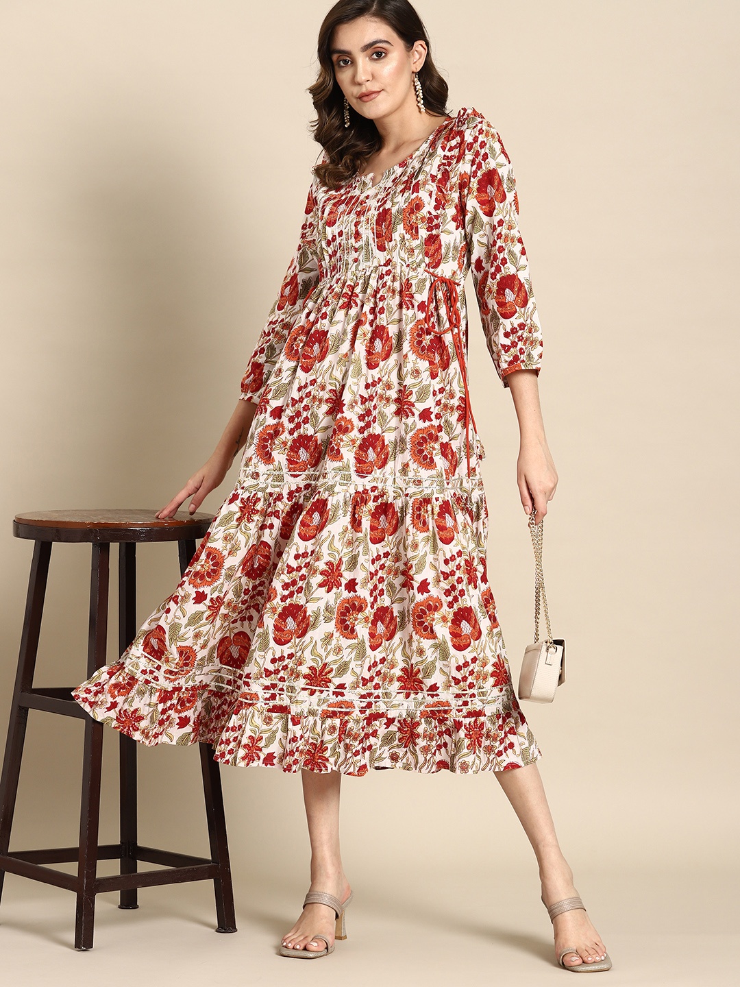 

all about you Floral Print Puff Sleeve Cotton A-Line Midi Dress, White