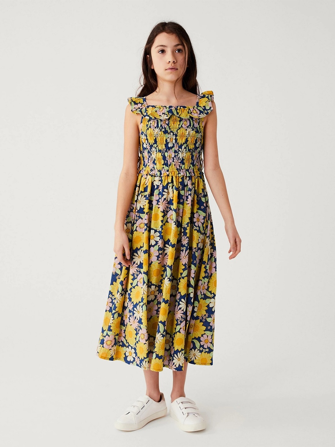 

Marks & Spencer Girls Floral Printed Smocking Fit & Flare Midi Dress, Yellow