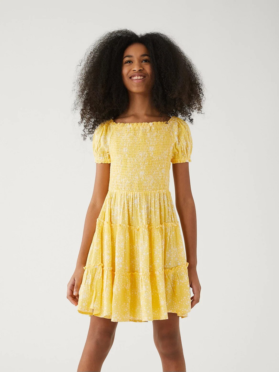 

Marks & Spencer Girls Floral Printed Square Neck Puff Sleeves A-Line Dress, Yellow