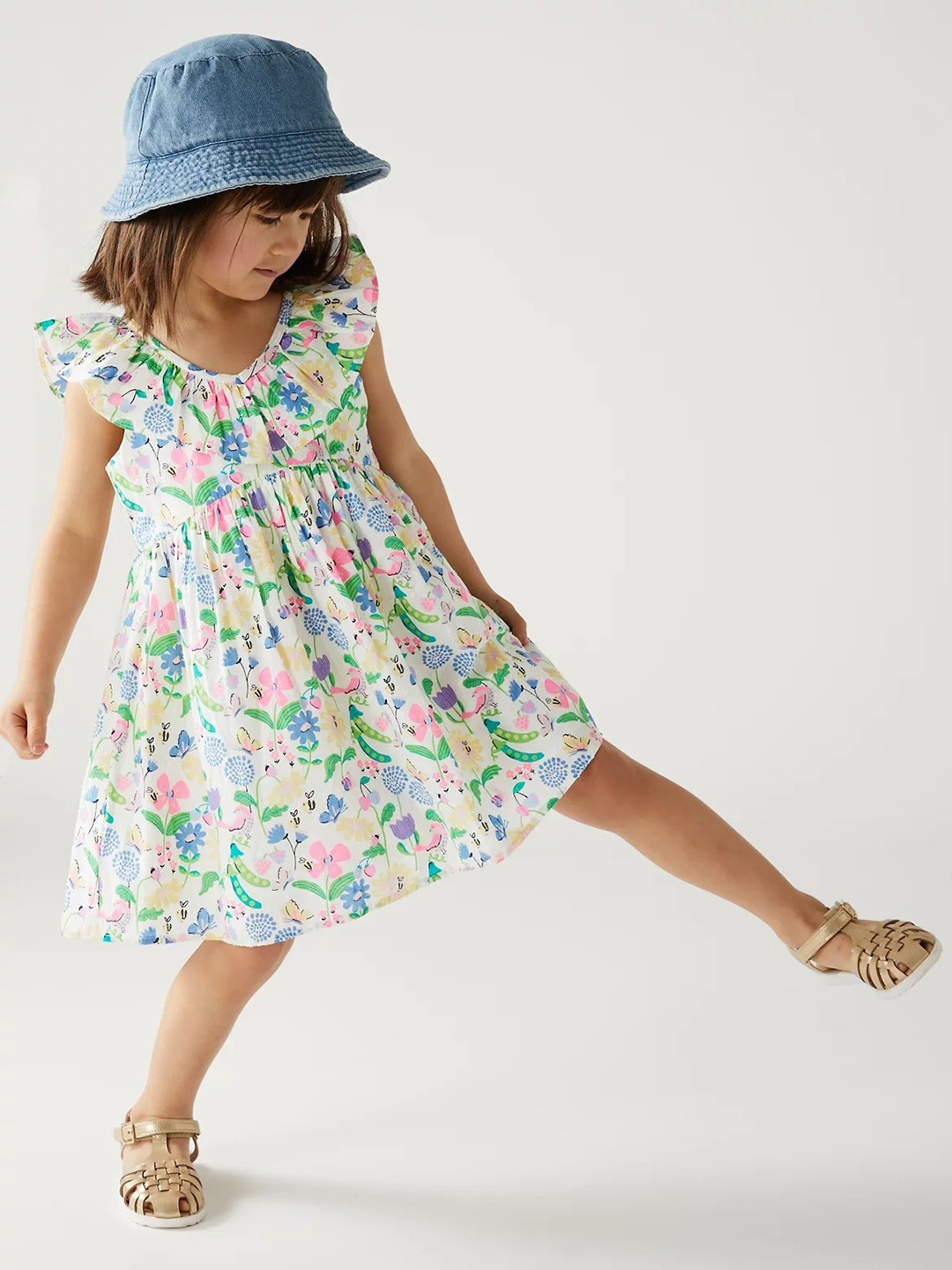 

Marks & Spencer Girls Floral Printed Flutter Sleeve Pure Cotton A-Line Dress, White