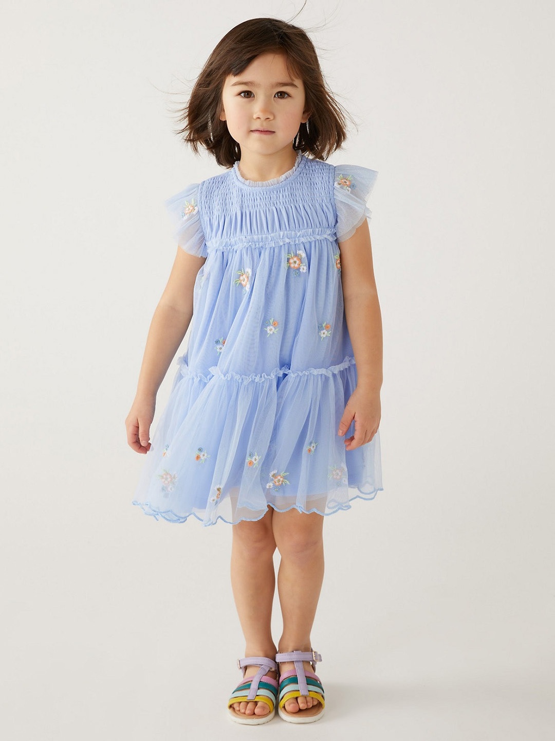 

Marks & Spencer Girls Floral Embroidered Flutter Sleeves A-Line Dress, Blue