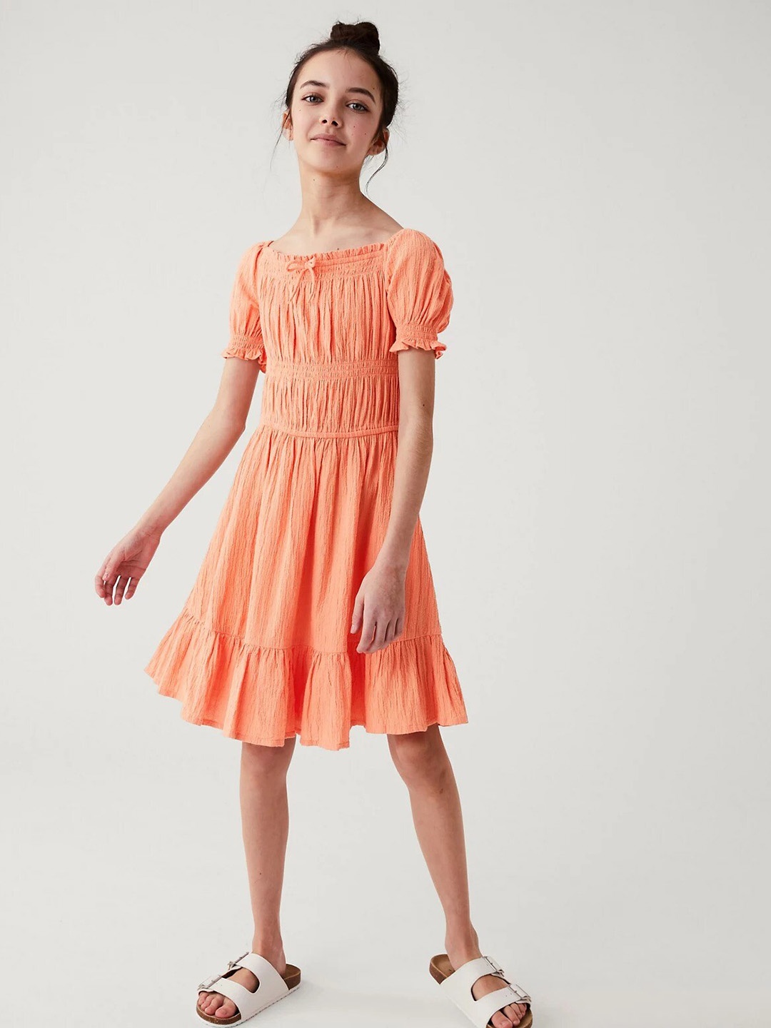 

Marks & Spencer Girls Puff Sleeves Fit & Flare Dress, Coral