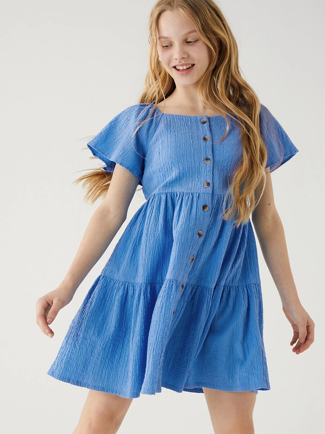 

Marks & Spencer Girls Square Neck Flared Sleeves Gathers A-Line Dress, Blue