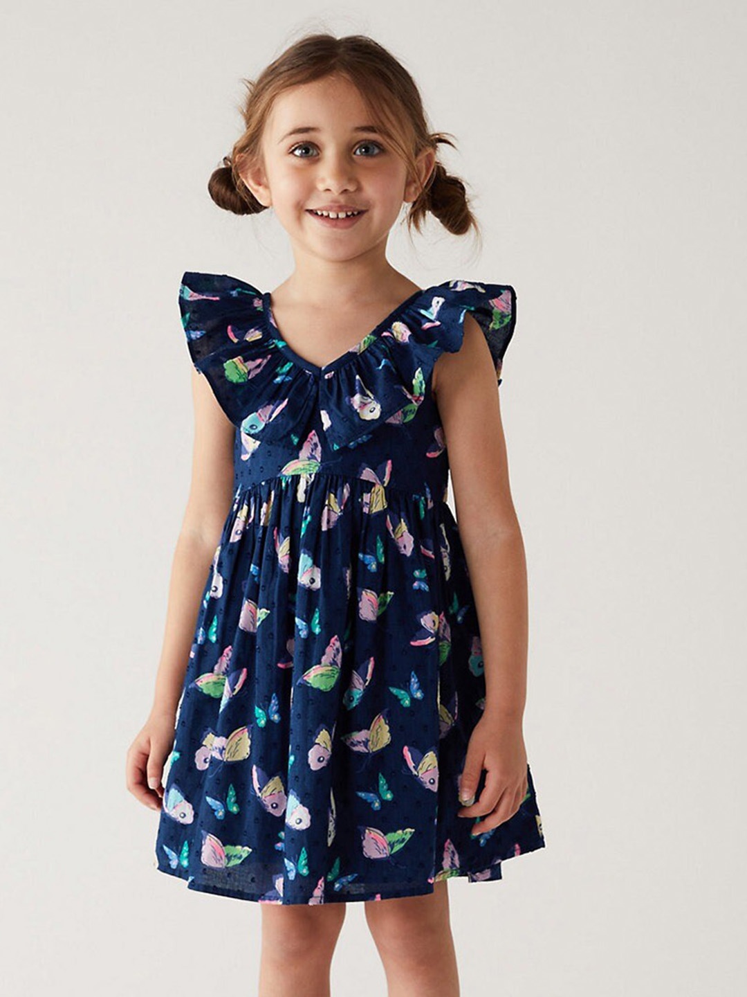 

Marks & Spencer Girls Floral Printed V-Neck Flutter Sleeve A-Line Dress, Navy blue