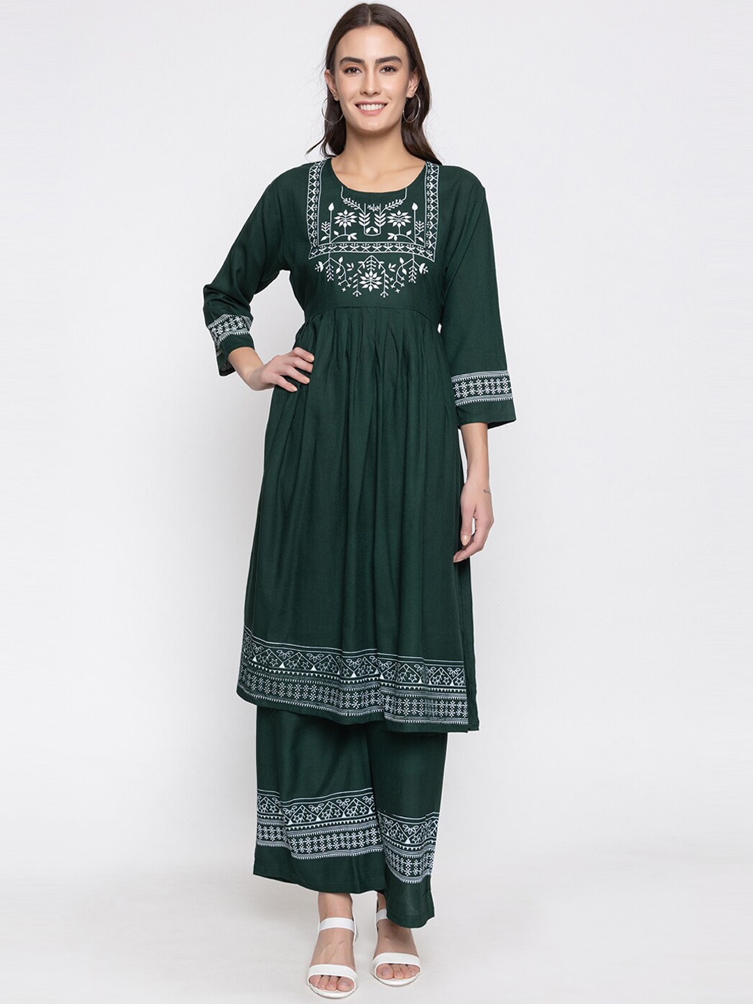 

TYSORT Floral Printed Regular Anarkali Kurta with Palazzos, Olive