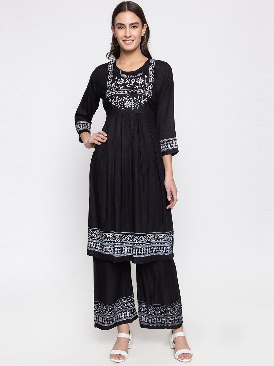 

TYSORT Floral Printed Regular Anarkali Kurta with Palazzos, Black