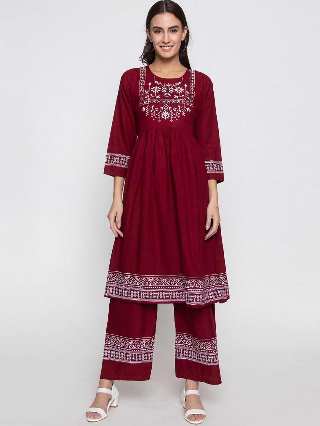 

TYSORT Floral Printed Regular Anarkali Kurta with Palazzos, Maroon