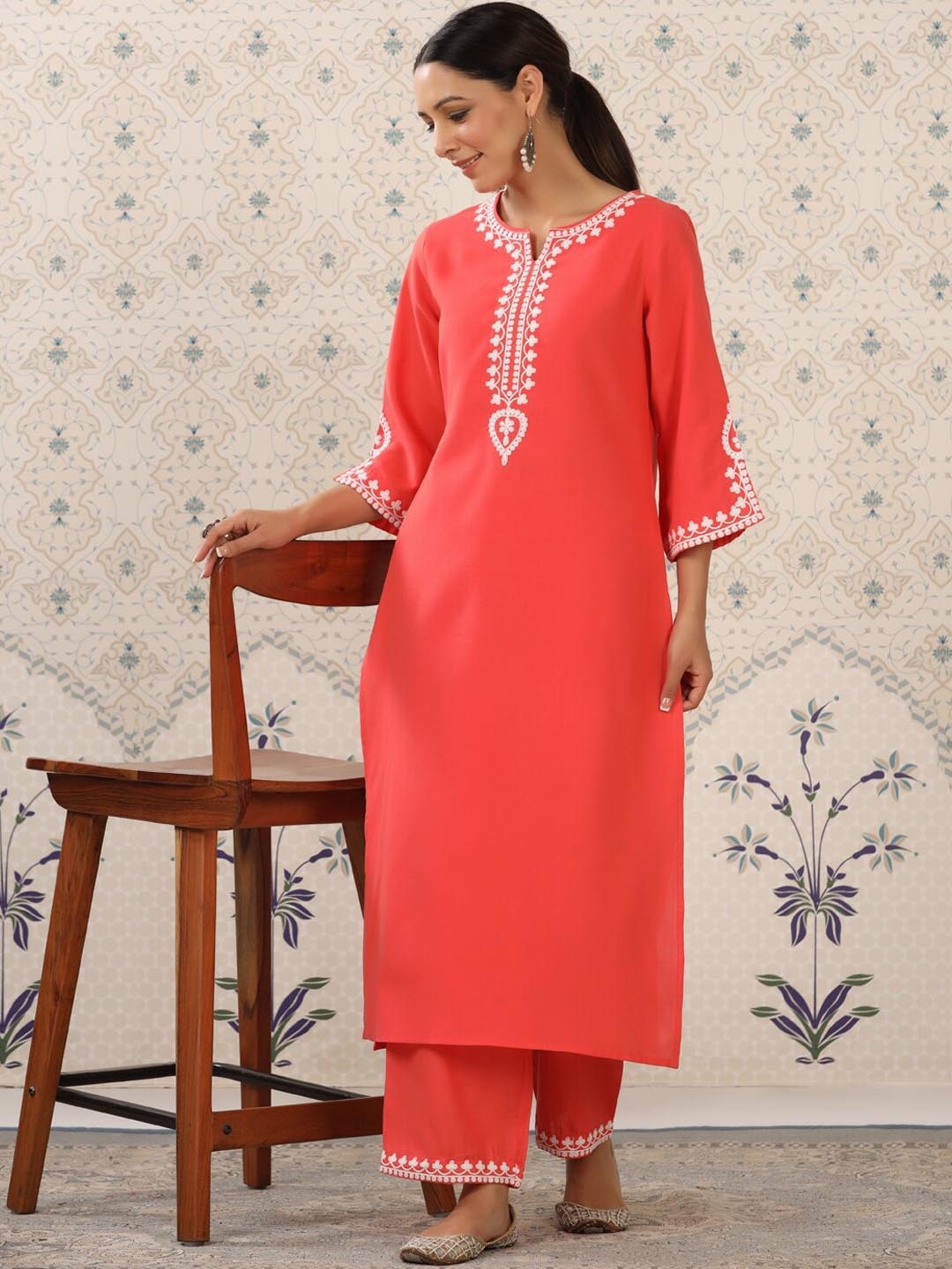 

Ode by House of Pataudi Orange Yoke Design Thread Work Kurta With Palazzos, Coral