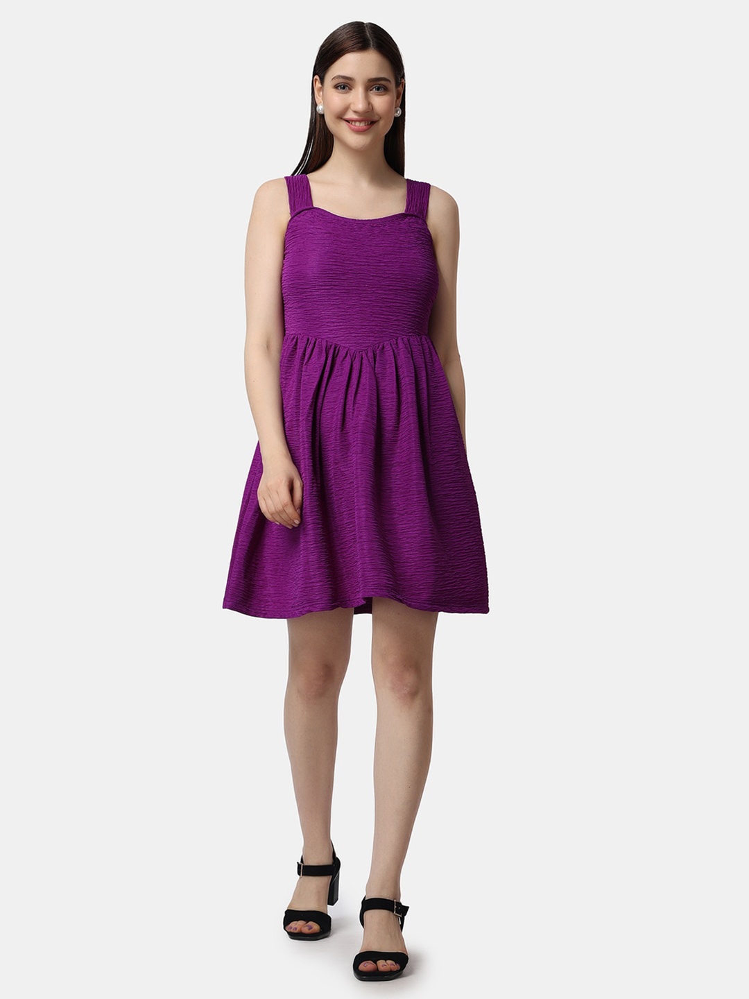 

Popwings Self Design Shoulder Strap Fit & Flare Mini Dress, Purple