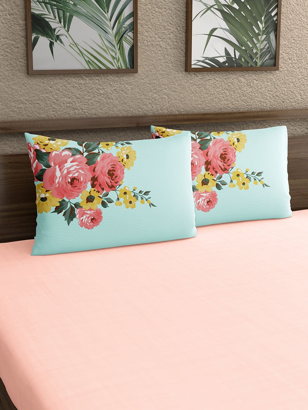 

Home Ecstasy Sea-Green & Pink 2 Pieces Floral Printed Pure Cotton Pillow Covers