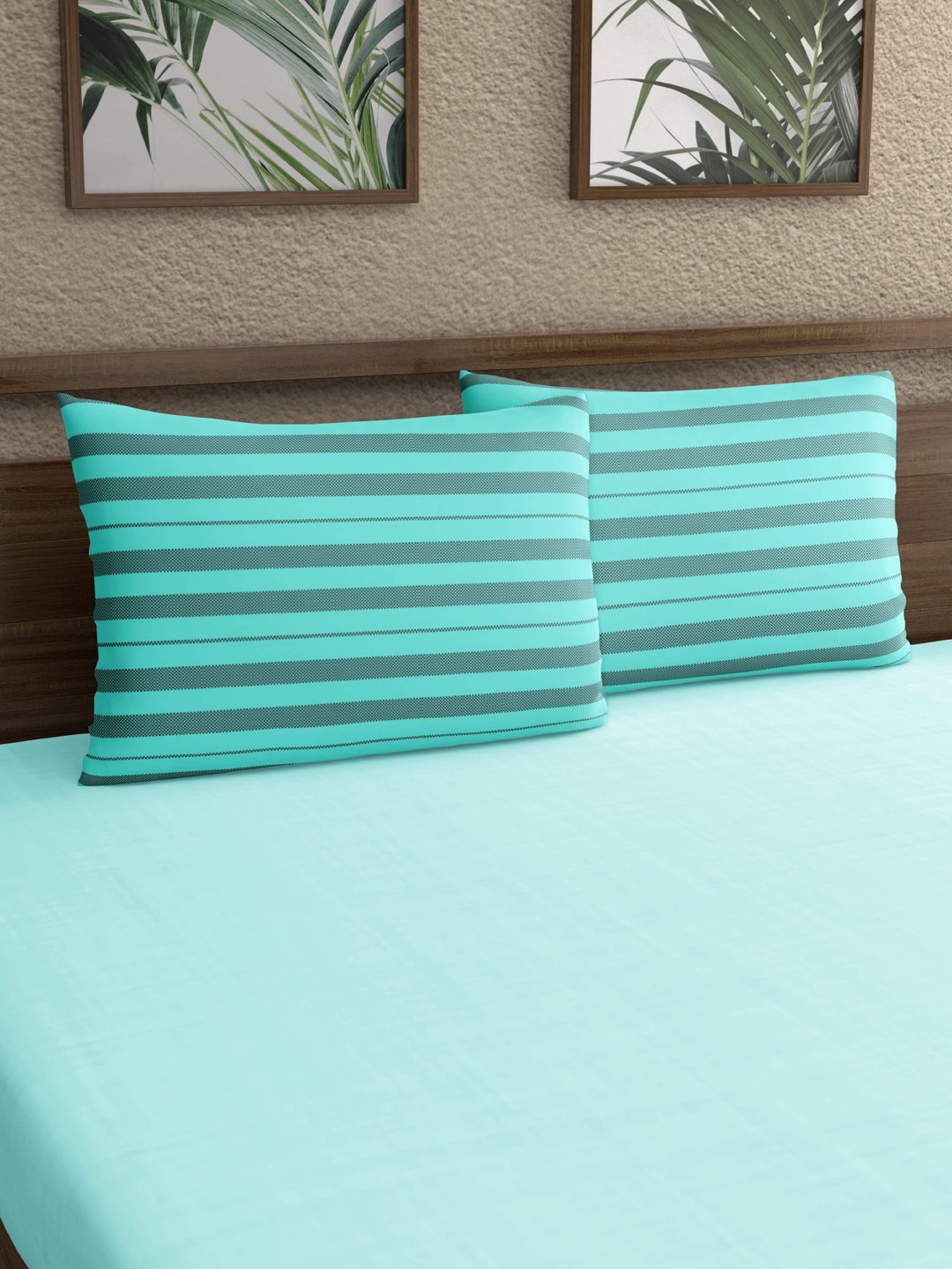 

Home Ecstasy Teal Green 2 Pieces Striped 140 TC Pure Cotton Pillow Covers