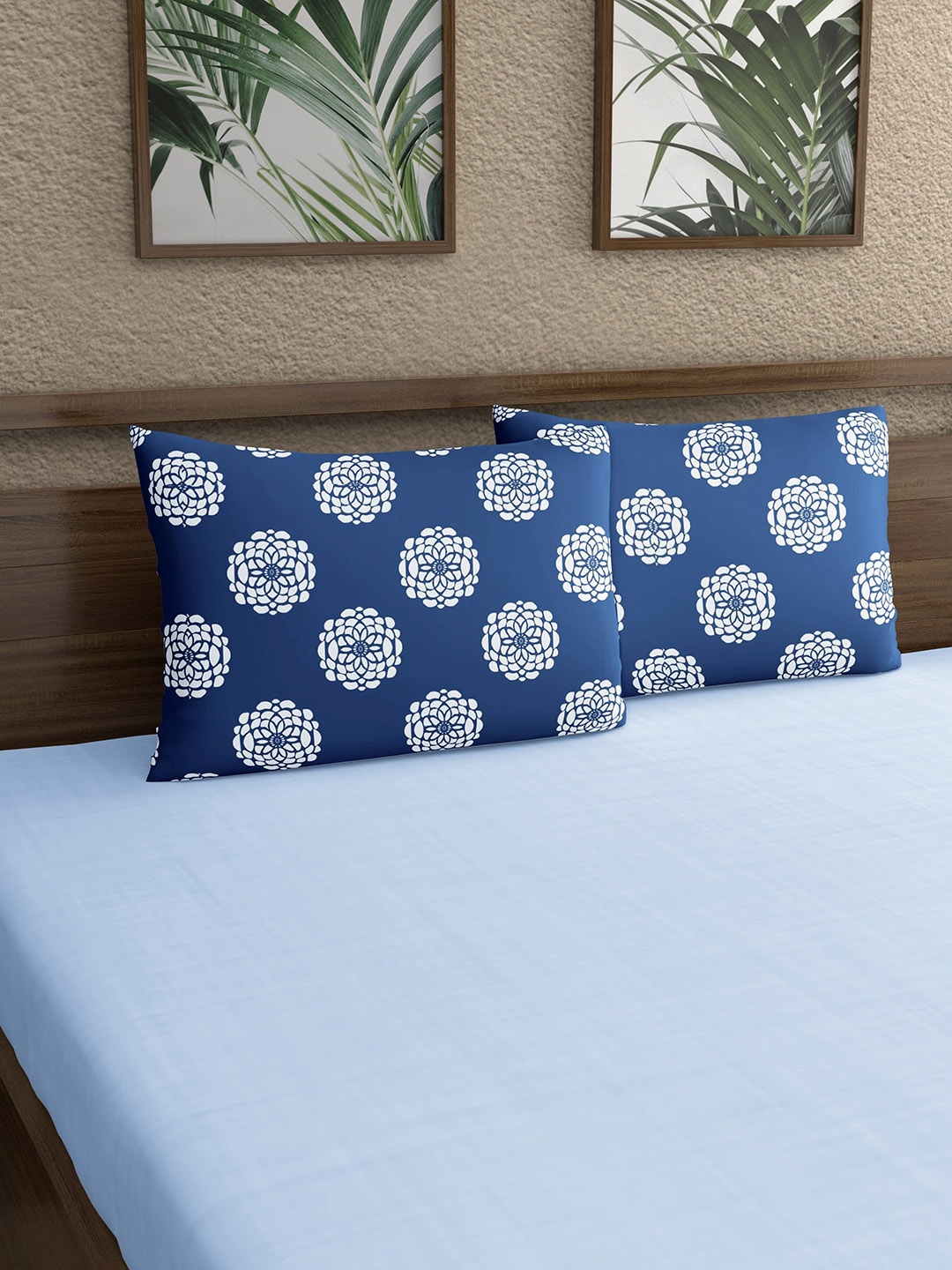 

Home Ecstasy Blue & White 2 Pieces Floral Printed 140 TC Pure Cotton Pillow Covers