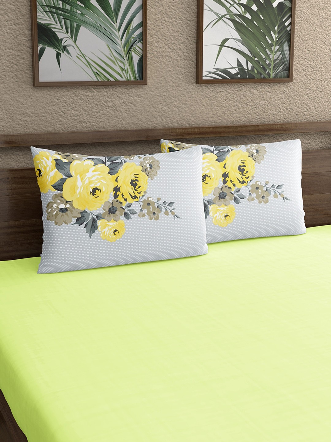 

Home Ecstasy Grey & Yellow 2 Pieces Floral Printed 140 TC Pure Cotton Pillow Covers