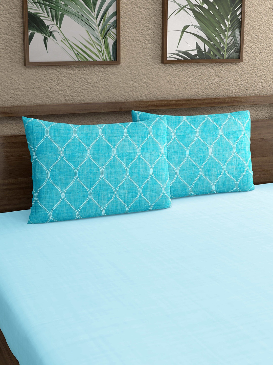 

Home Ecstasy Teal-Blue & White 2 Pieces Printed 140 TC Pure Cotton Pillow Covers
