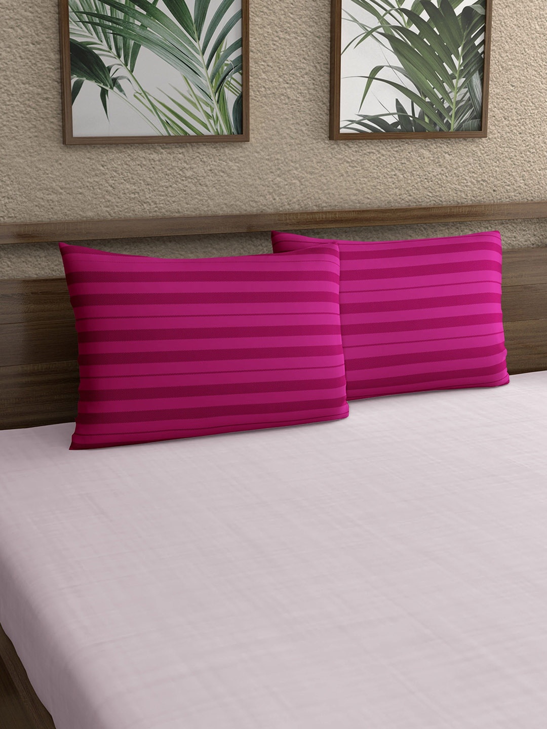 

Home Ecstasy Pink 2 Pieces Striped 140 TC Pure Cotton Pillow Covers