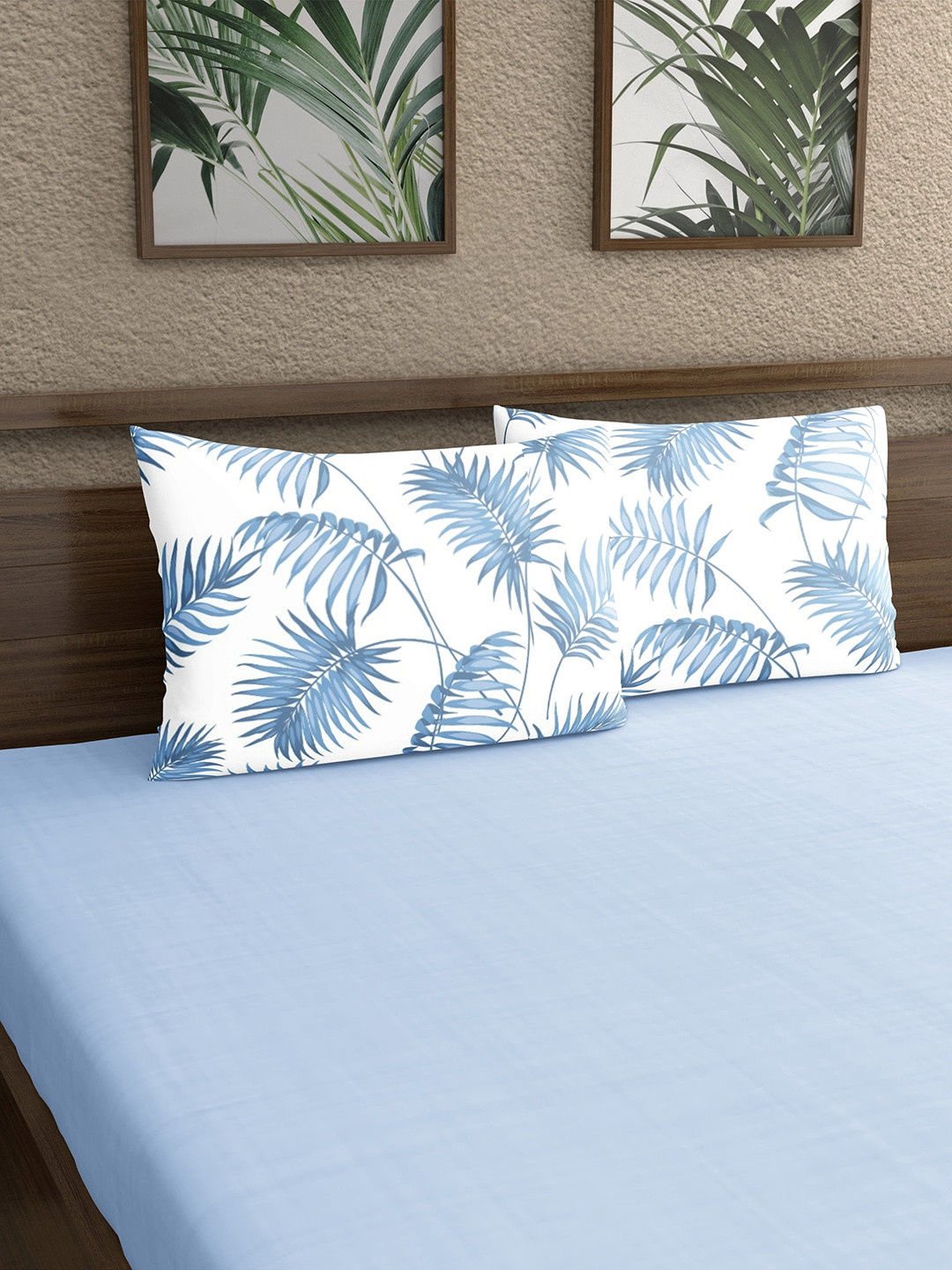 

Home Ecstasy White & Blue 2 Pieces Printed 140 TC Pure Cotton Pillow Covers