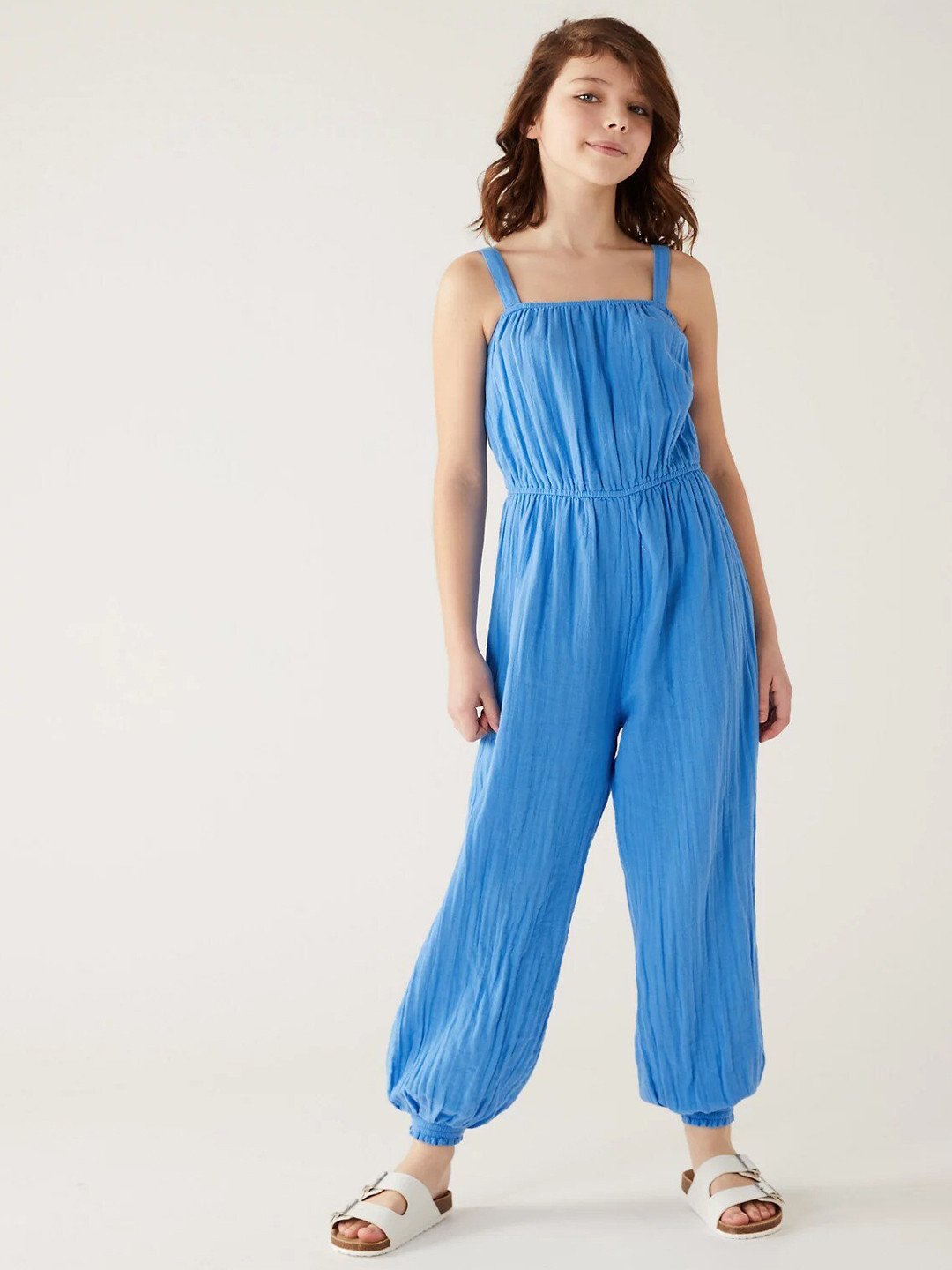 

Marks & Spencer Girls Gathers Cotton Basic Jumpsuit, Blue