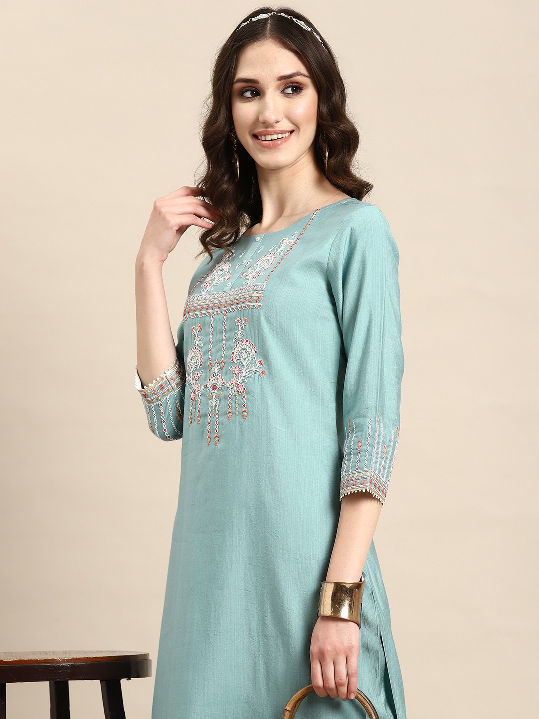 

Sangria Women Yoke Design Embroidered Sequinned Silk Blend Kurta with Trousers, Turquoise blue