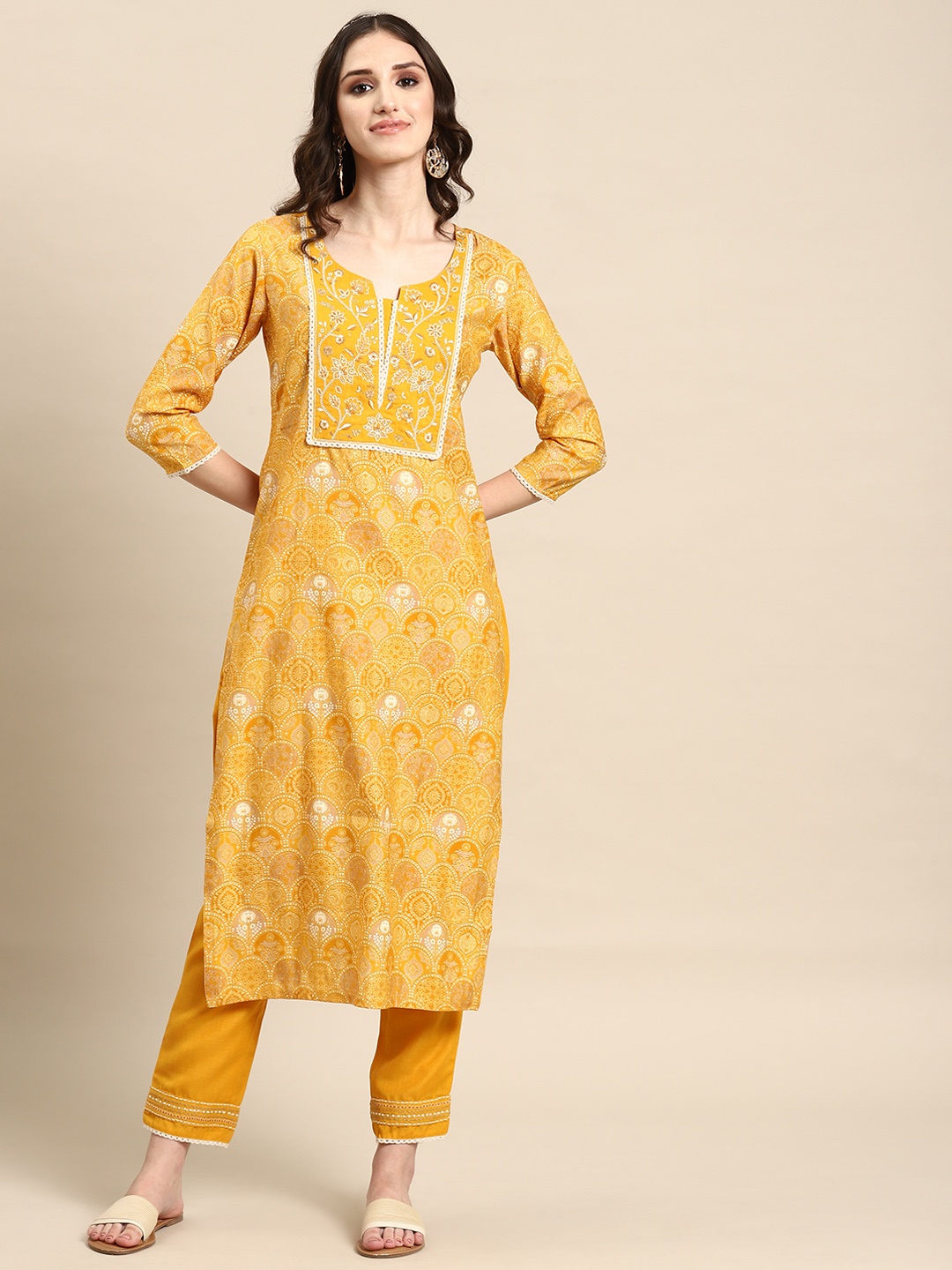 

Sangria Women Embroidered Sequinned Zari Kurta With Trousers, Yellow