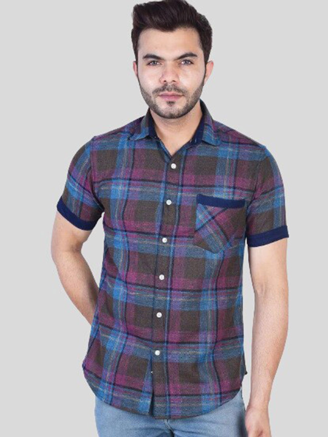 

VALEN CLUB Men Tartan Checked Pure Cotton Shirt, Magenta