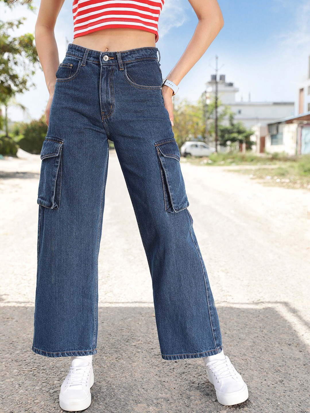 

STREET 9 Women Jean Wide Leg High-Rise Pure Cotton Jeans, Blue