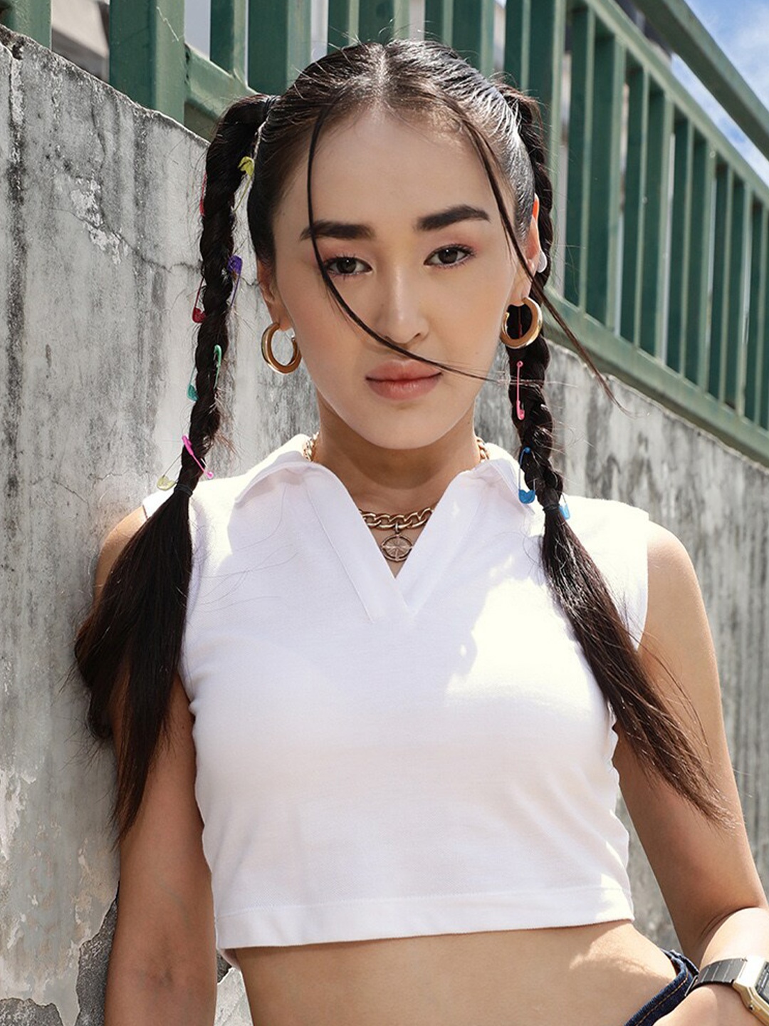 

STREET 9 BASICS White Polo Collar Sleeveless Pure Cotton Crop T-shirt