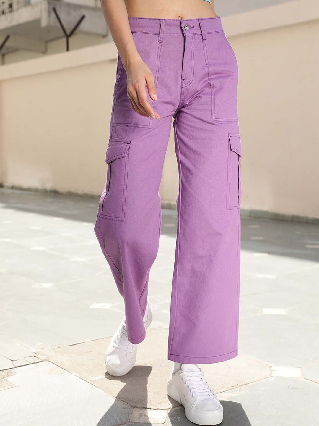 

STREET 9 Women Lavender Relaxed High-Rise Cotton Cargo Trousers