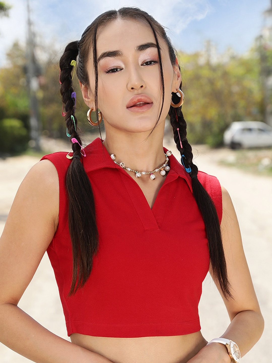 

STREET 9 BASICS Red Polo Collar Sleeveless Cotton Crop T-shirt