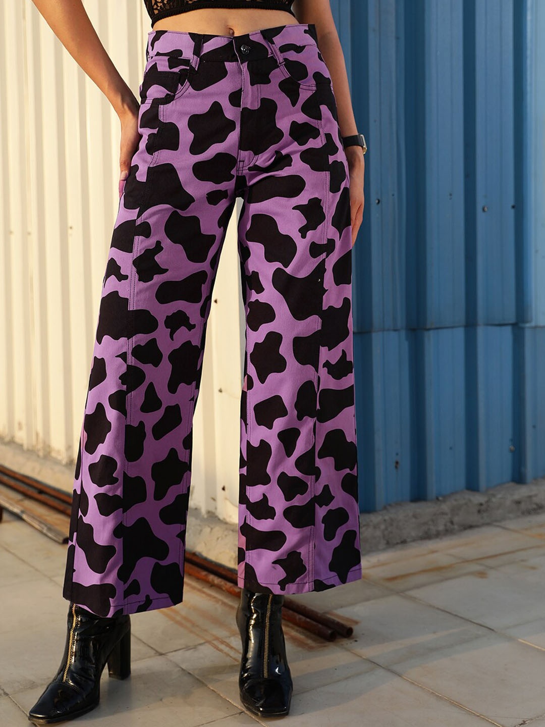 

STREET 9 Women Lavender Printed Relaxed High-Rise Trousers