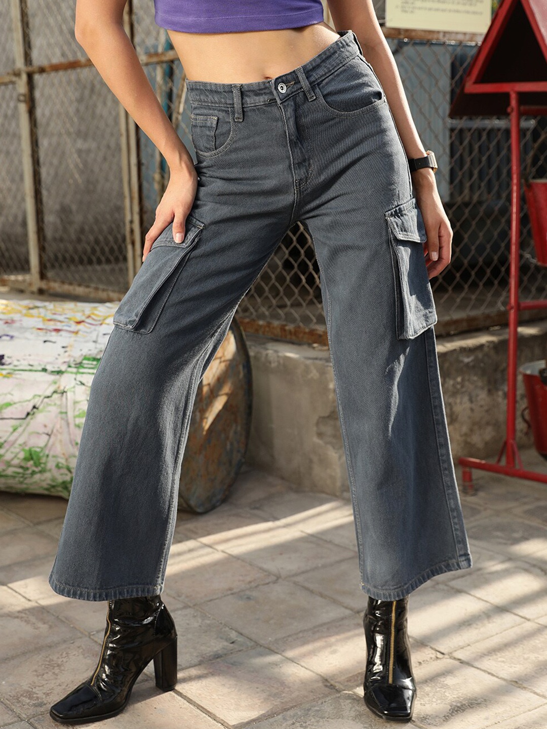 

STREET 9 Women Jean Wide Leg High-Ris Pure Cotton Jeans, Grey