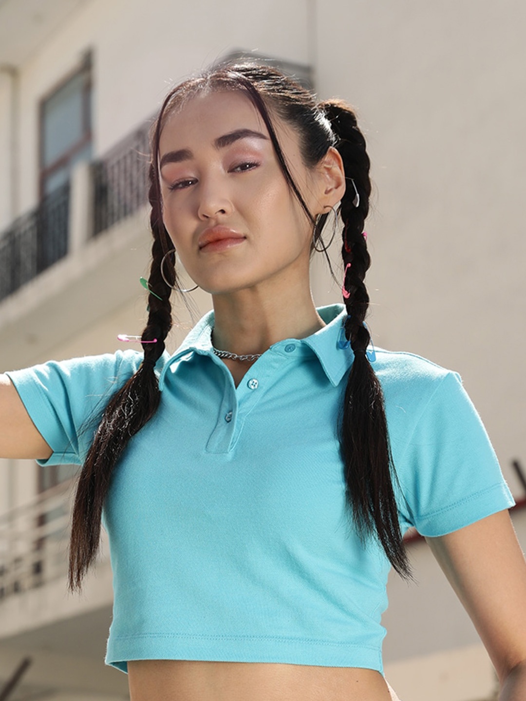 

STREET 9 BASICS Turquoise Blue Polo Collar Cotton Crop T-shirt