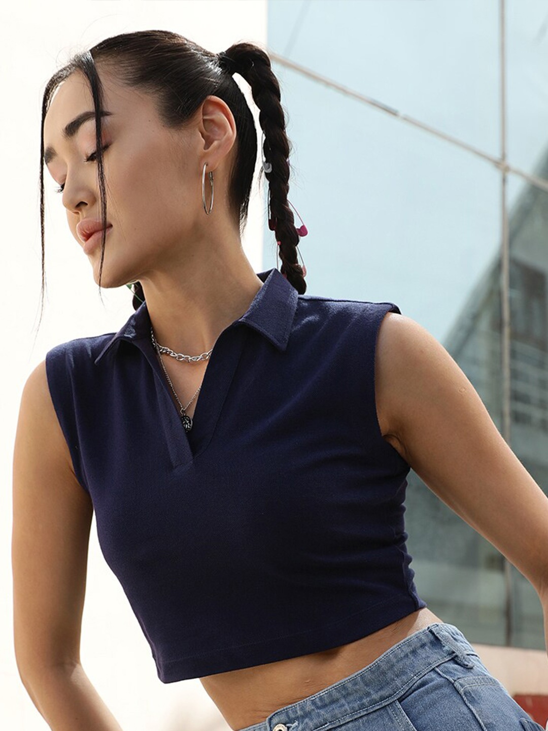 

STREET 9 BASICS Navy Blue Polo Collar Sleeveless Pure Cotton Crop T-shirt