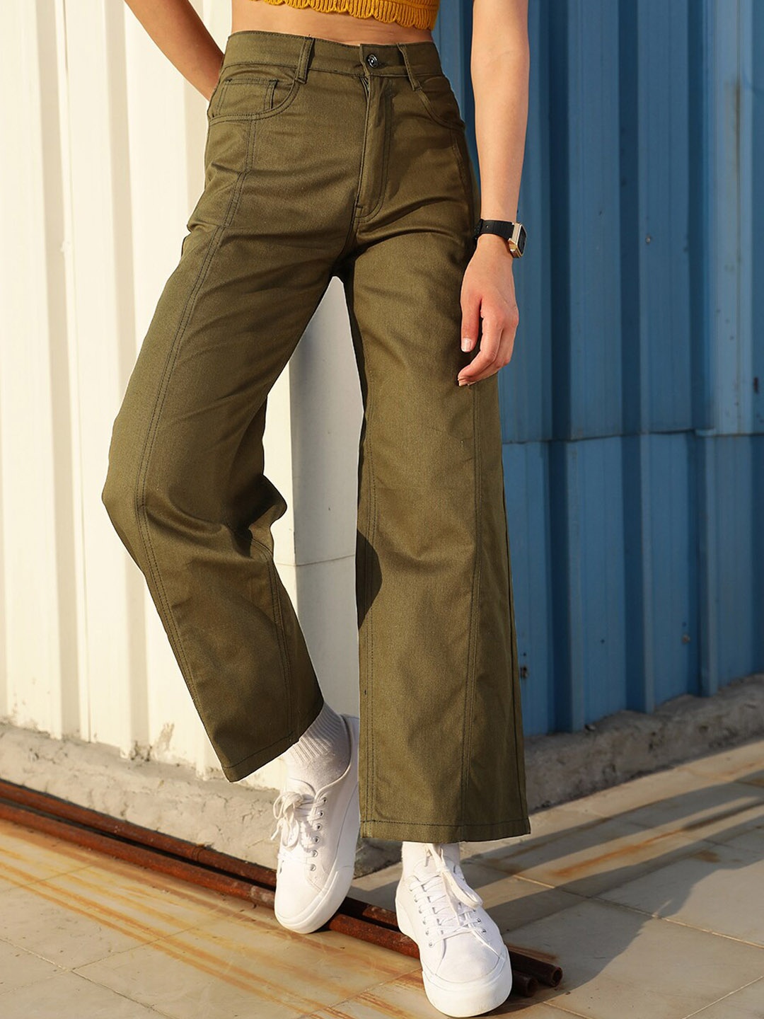 

STREET 9 Women Olive Green Relaxed High-Rise Loose Fit Regular Trousers