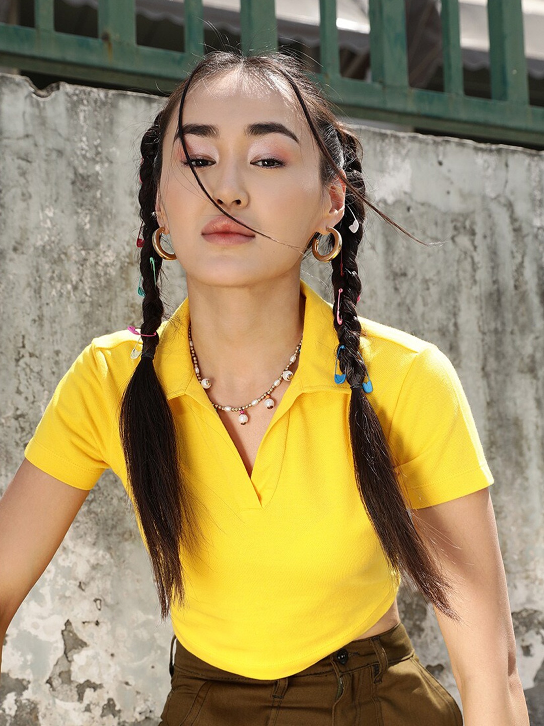 

STREET 9 BASICS Polo Collar Short Sleeves Pure Cotton T-shirt, Yellow