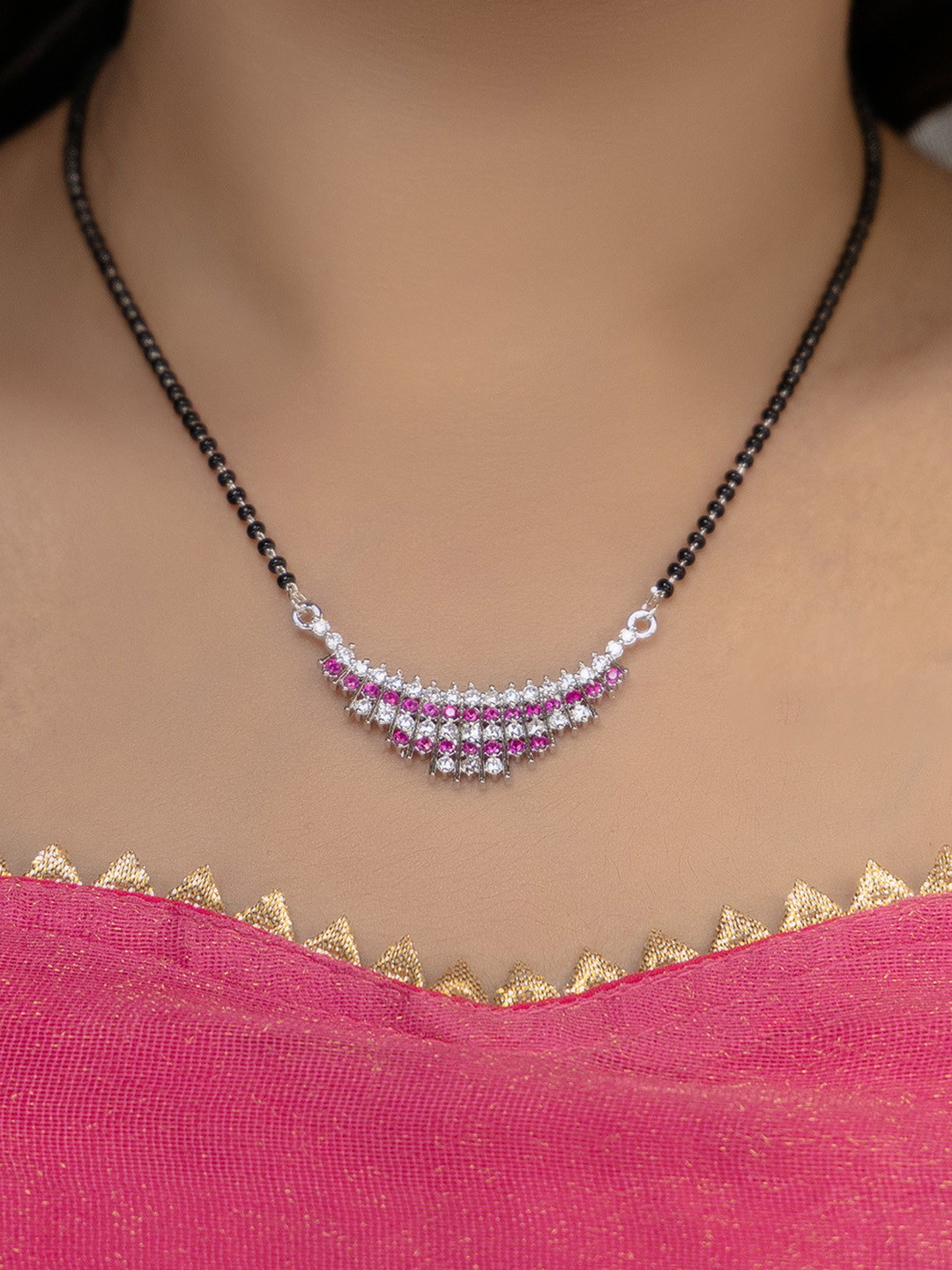 

Vita Bella Silver-Plated Stone Stone-Studded & Beaded Mangalsutra