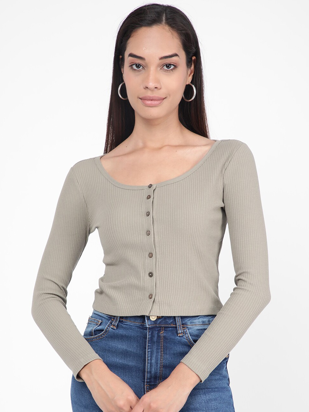 

R&B Striped Round Neck Cotton Regular Top, Green