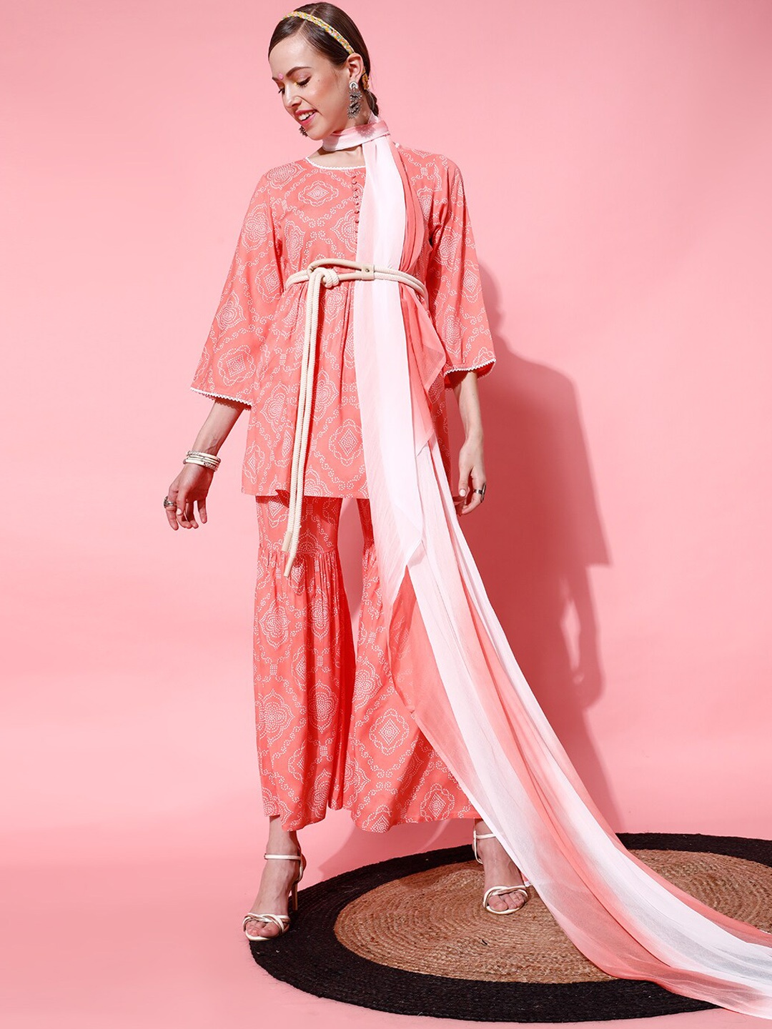 

indo streeT Bandhani Printed A-Line Kurti with Sharara & Dupatta, Peach