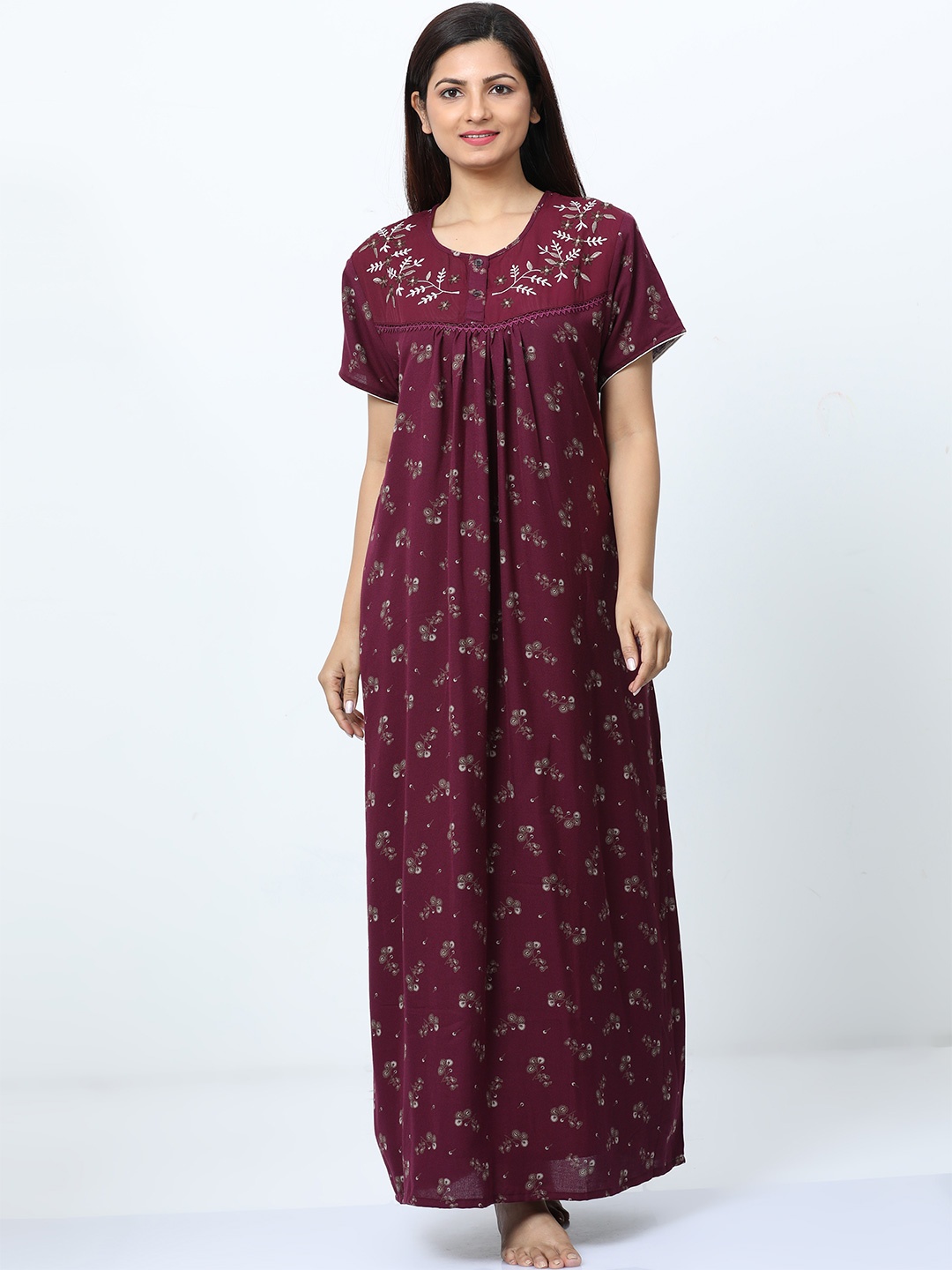 

9shines Label Floral Printed Maxi Nightdress, Burgundy