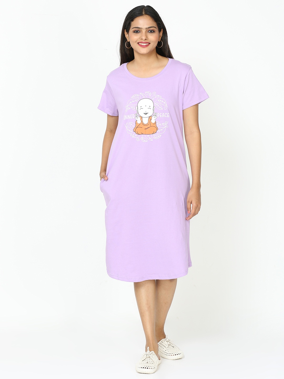 

9shines Label Graphic Printed Pure Cotton Nightdress, Purple