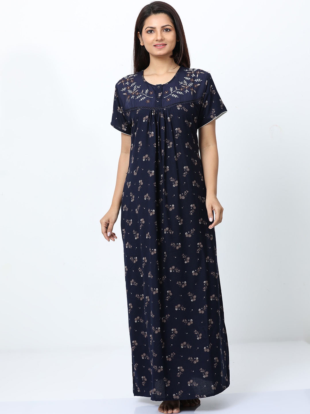 

9shines Label Floral Printed Maxi Nightdress, Navy blue