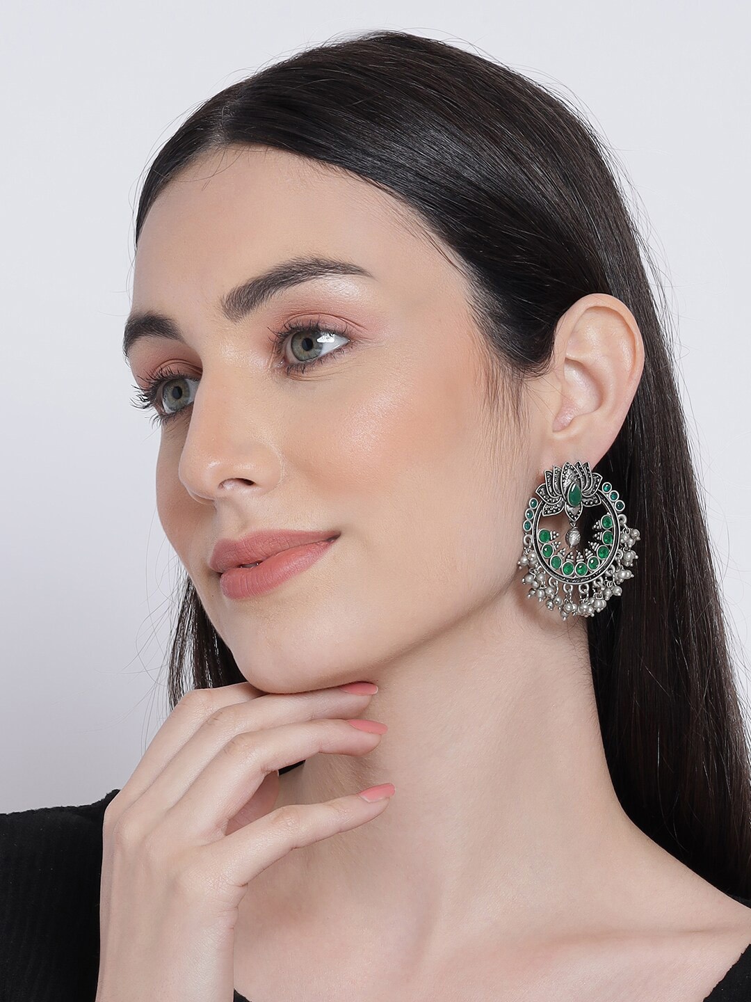 

Sangria Silver-Plated Stone Studded Chandbalis Earrings