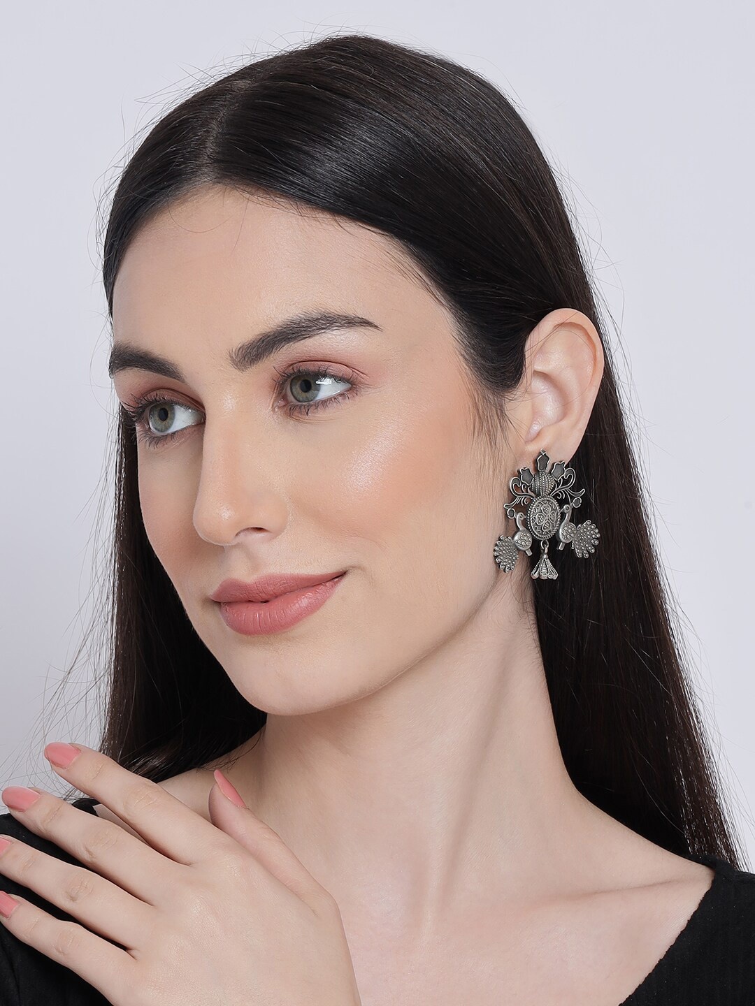 

Sangria Silver-Plated Peacock-Shaped Drop Earrings