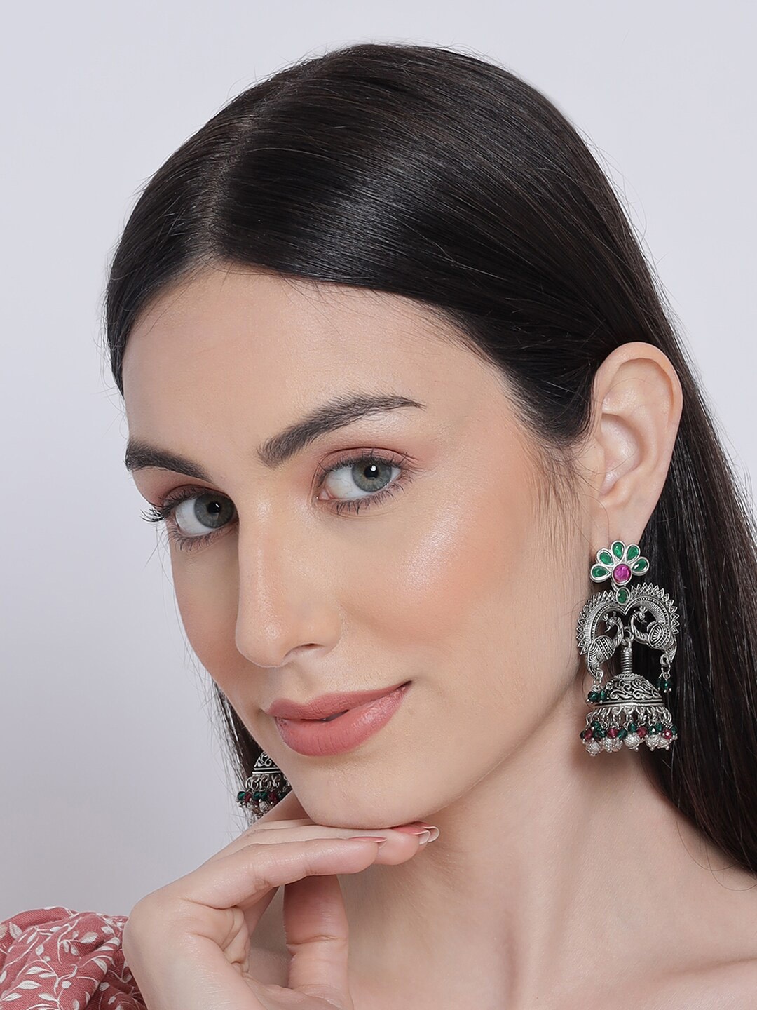 

Sangria Silver-Plated Stone-Studded & Beaded Jhumka Earrings, Pink