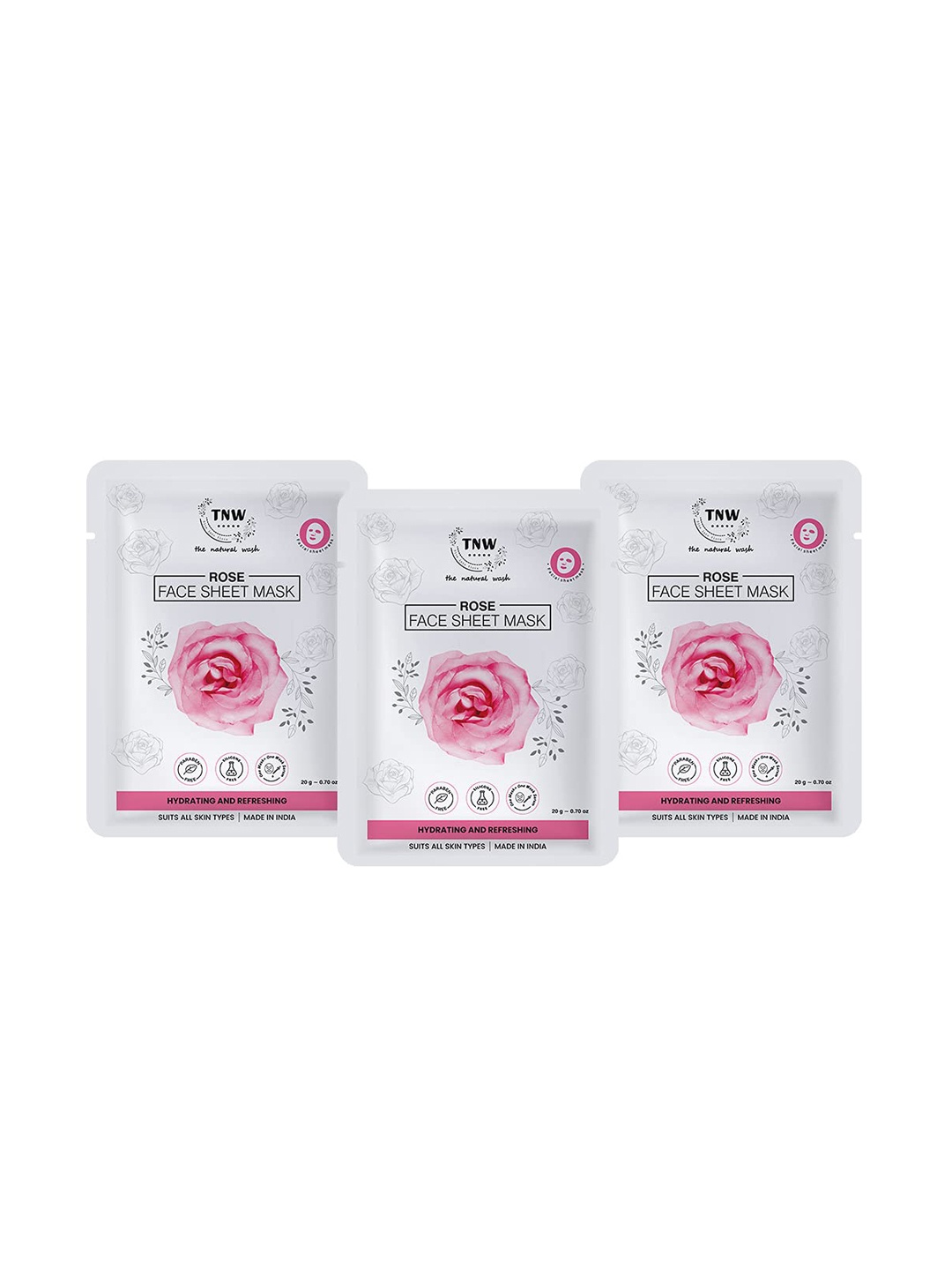 

TNW the natural wash Set Of 3 Hydrating & Refreshing Rose Face Sheet Masks - 20g Each, White