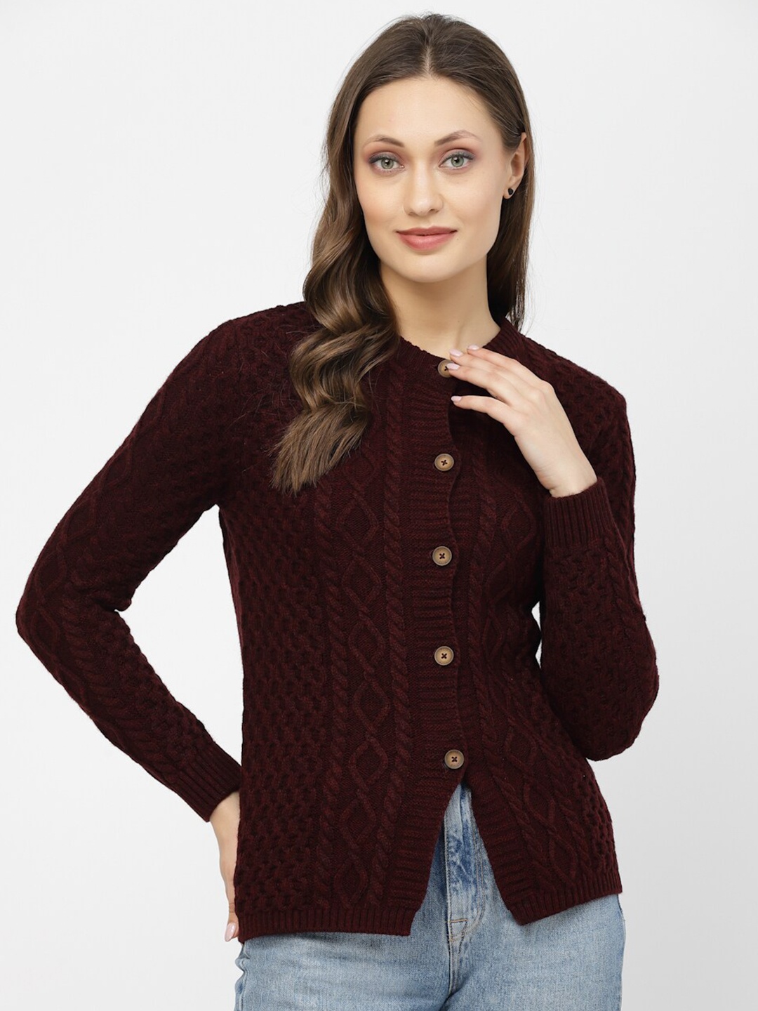 

Kalt Cable Knit Acrylic Cardigan, Maroon