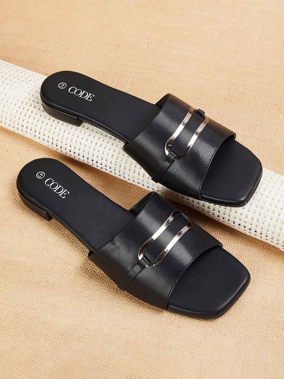 

CODE by Lifestyle Textured Buckled Open Toe Flats, Black