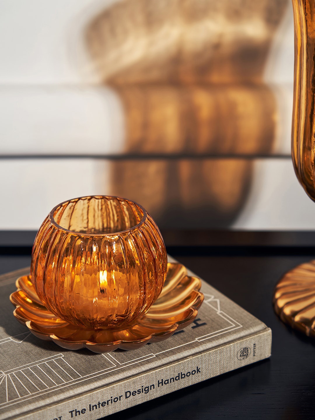 

Pure Home and Living Orange Coloured Ribbed T-Light Candle Holder with Stand