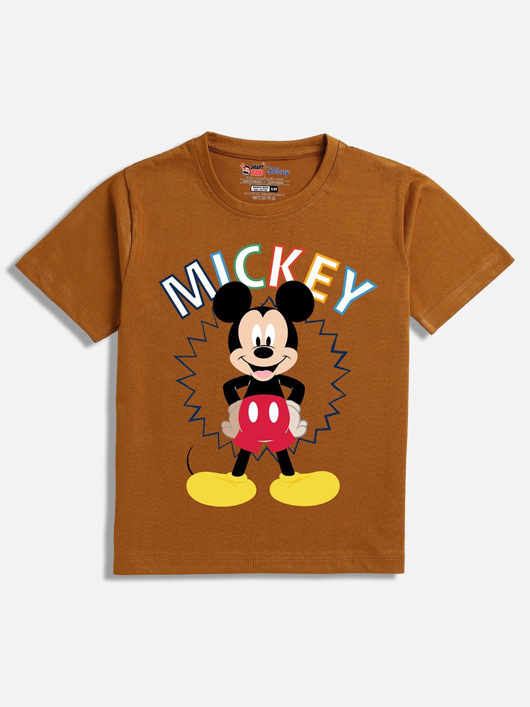 

SmartRAHO Boys Mickey Mouse Printed Round Neck Cotton T-shirt, Brown
