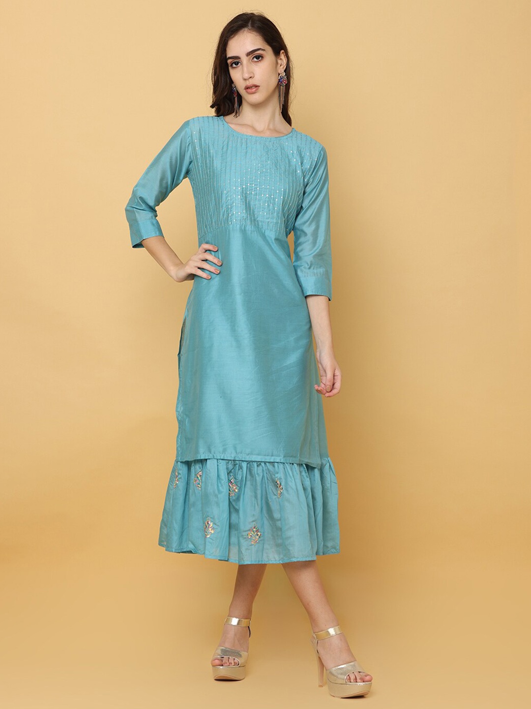 

NAYRA Floral Embroidered Layered A-Line Midi Ethnic Dress, Blue